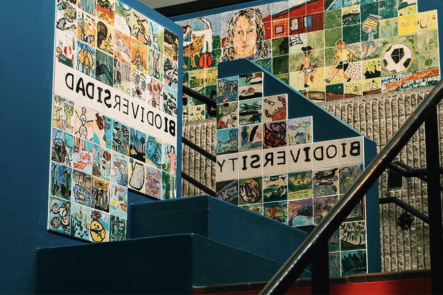 Mural in Boston Public School with tiles illustrating Biodiversity, bilingual,